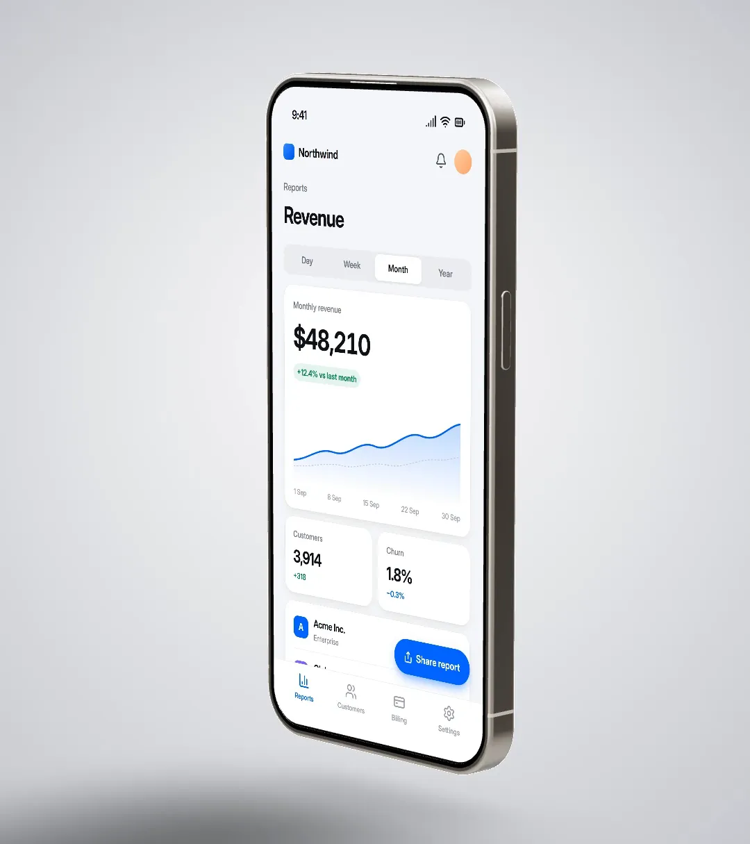 A vertical screen recording of the same dashboard on a 3D iPhone in natural titanium